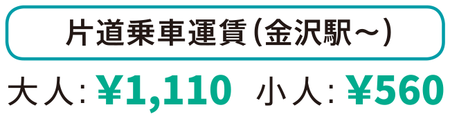 片道乗車運賃（金沢駅〜）大人：1,100円、小人：560円