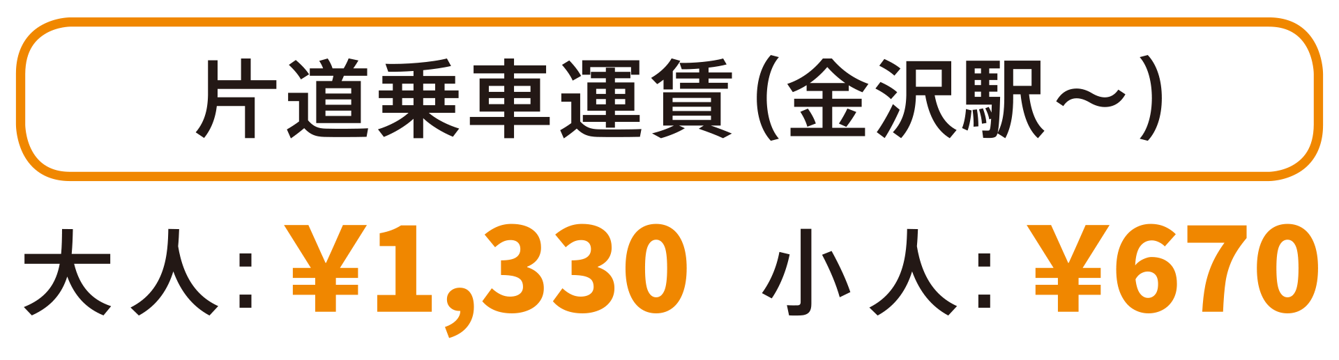 片道乗車運賃（金沢駅〜）　大人：1,330円、小人：670円