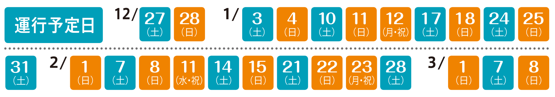 運行予定日：12月27日、28日、1月3日、4日、10日、11日、12日、17日、18日、24日、25日、31日、2月1日、7日、8日、11日、14日、15日、21日、22日、23日、28日、3月1日、7日、8日