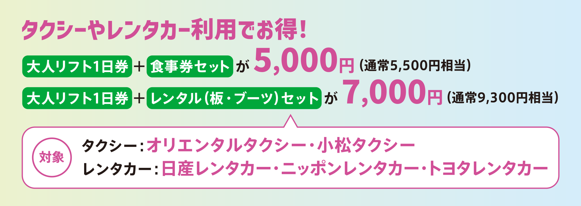 大人リフト1日券+食事券セットが5,000円(通常5,500円相当)、大人リフト1日券+レンタル板・ブーツセットが7,000円(通常9,300円相当)。対象は「オリエンタルタクシー」、「小松タクシー」、「日産レンタカー」、「ニッポンレンタカー」、「トヨタレンタカー」